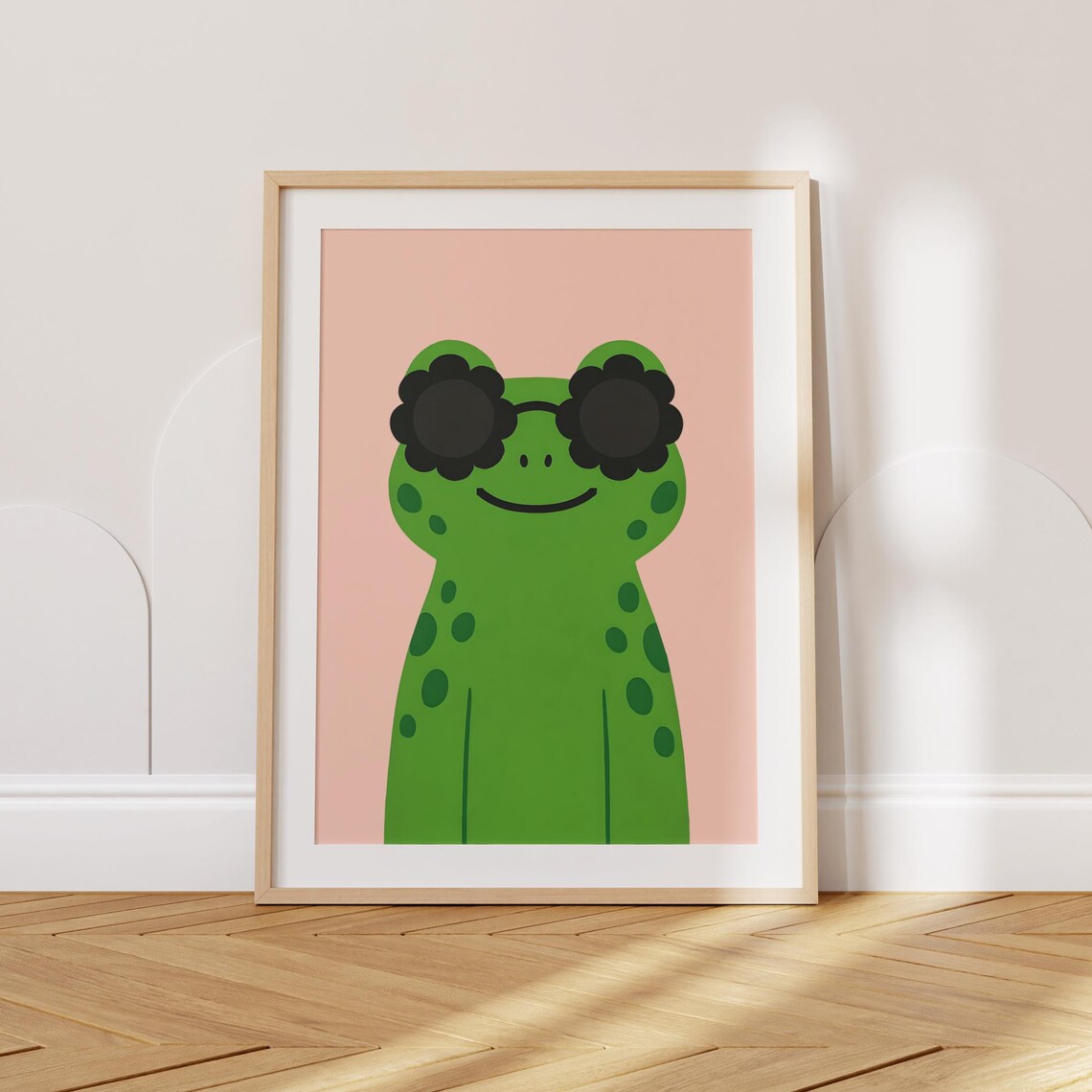 Cute Green Frog With Flower Sunglasses Minimalist Pink Kids Room Art Poster
