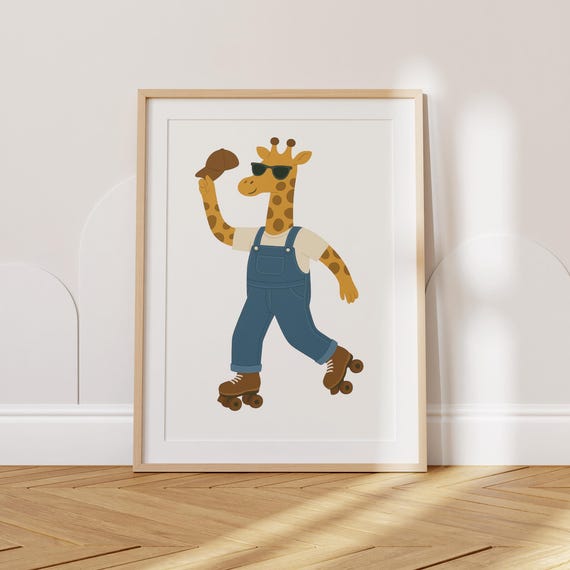 Roller Skating Giraffe Nursery Wall Art Whimsical Animal Print For Kids Room Playful Childrens Decor