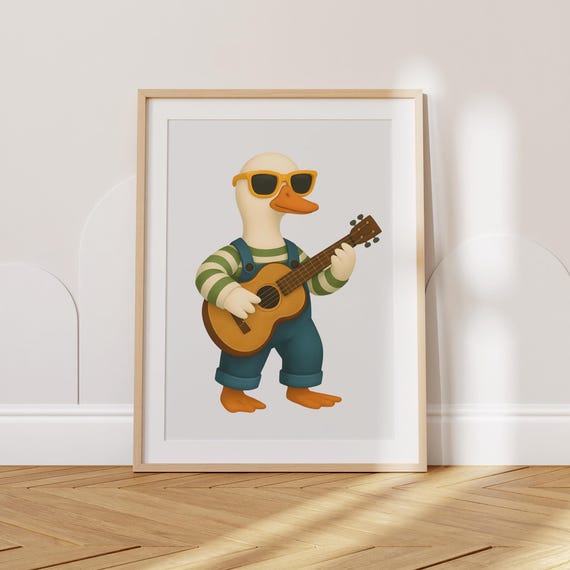 Whimsical Guitar Goose Print Cool Animal Wall Art For Kids Room Musical Nursery Decor Boys Poster Playful