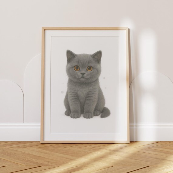 British Shorthair Grey Kitten Portrait With Amber Eyes Nursery Poster
