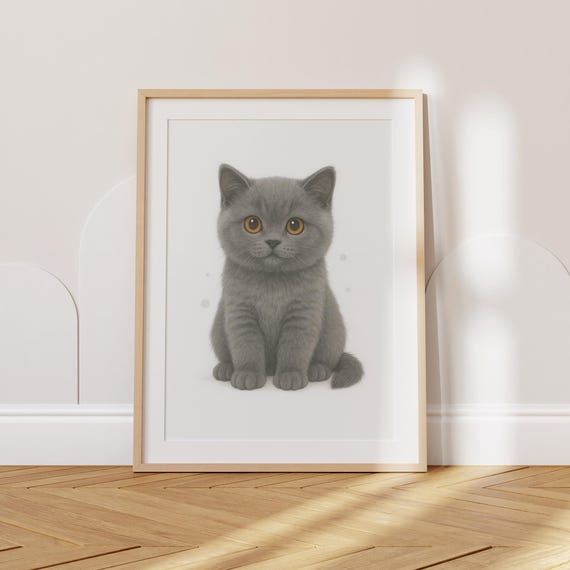 Cat Nursery Print British Shorthair Kitten Wall Art Playful Baby Animal Decor Cute Toddler Poster Kids Room