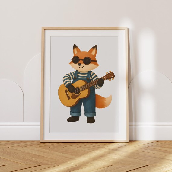 Cool Fox Playing Guitar With Sunglasses Musical Nursery Poster