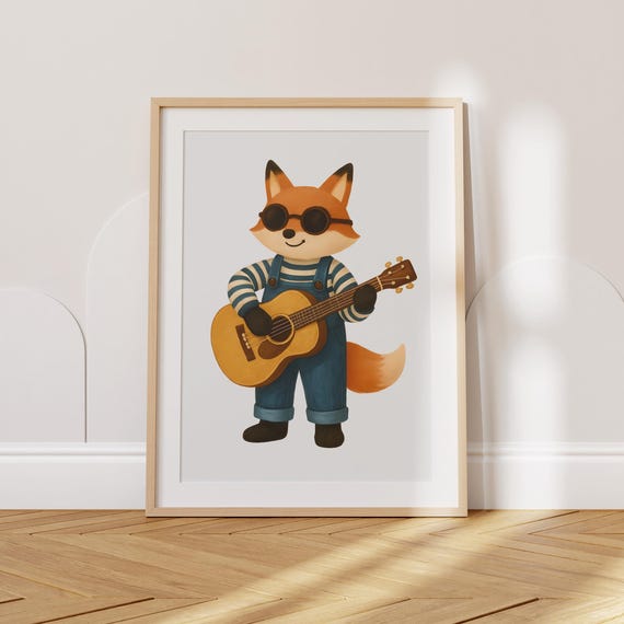 Whimsical Guitar Fox Print Cool Animal Wall Art For Kids Room Musical Nursery Decor Boys Poster Playful