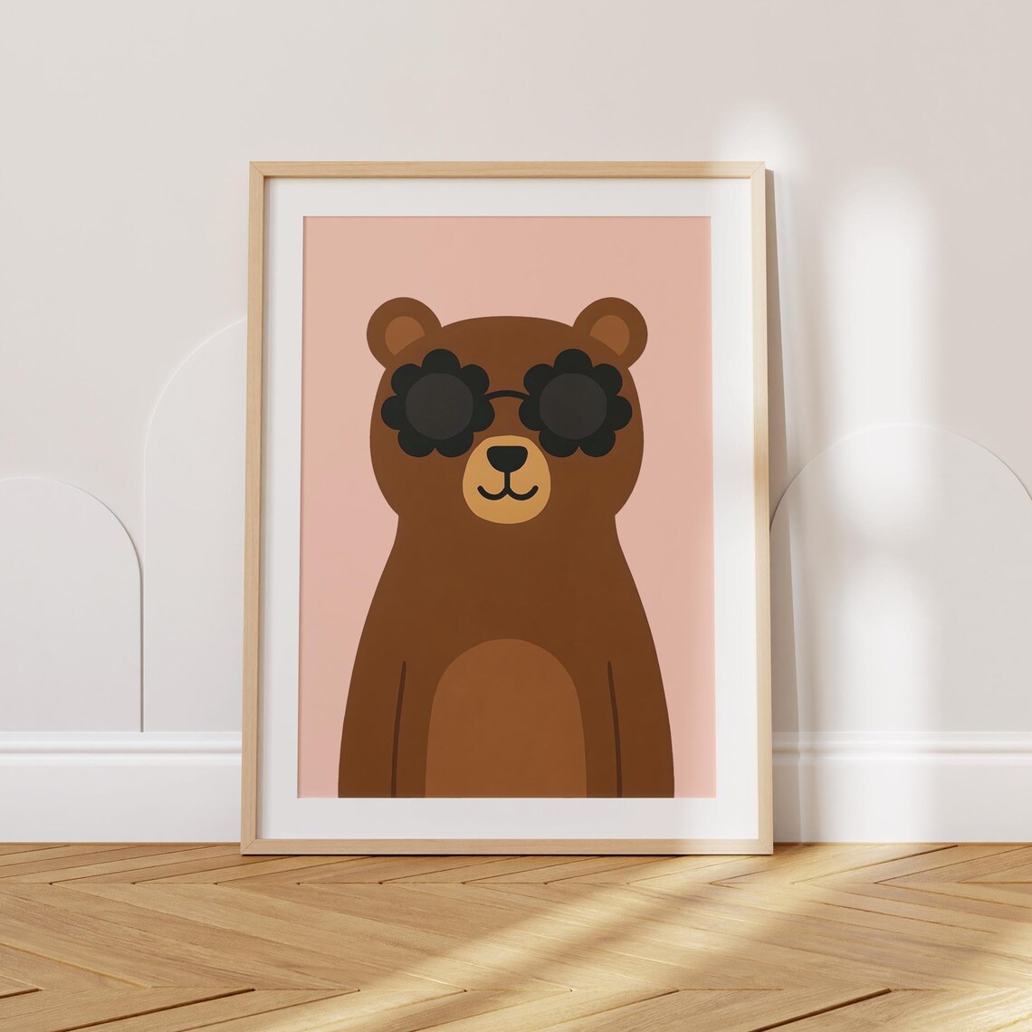 Cute Brown Bear With Flower Sunglasses Minimalist Pink Nursery Poster