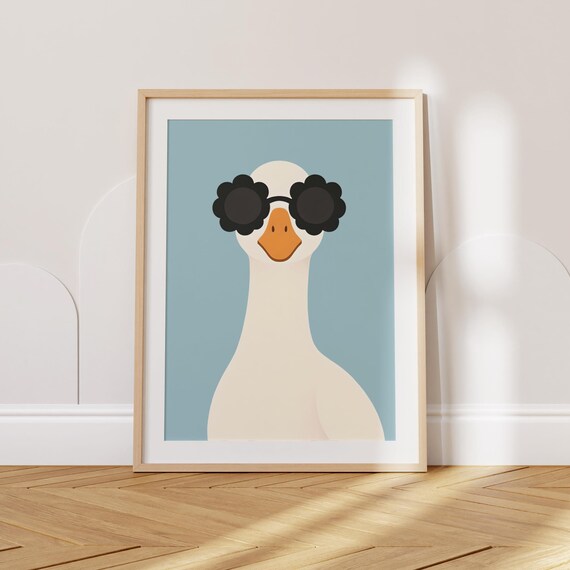 Cute Goose Nursery Poster In Flower Sunglasses On Blue Background