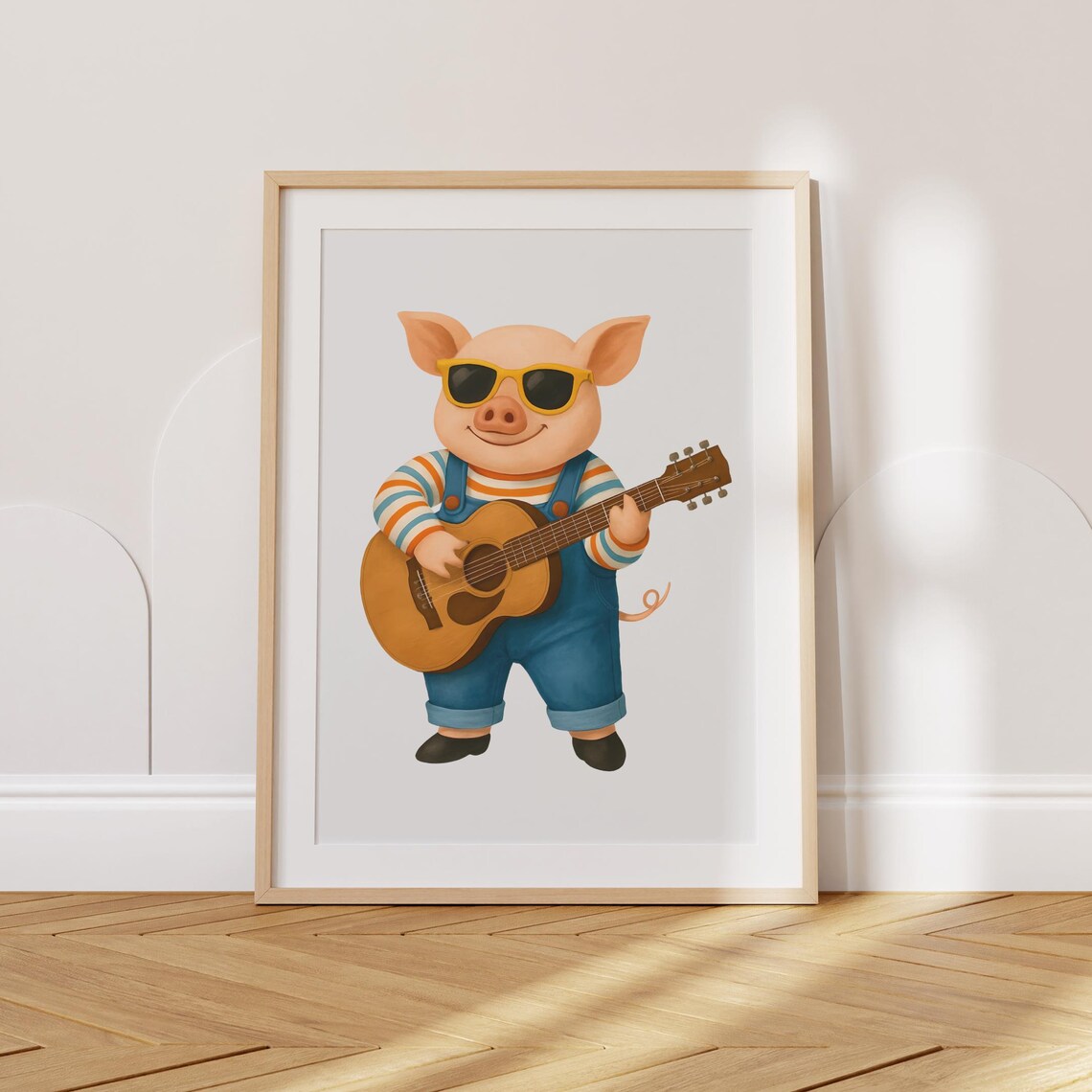 Cool Pig Playing Guitar With Yellow Sunglasses Musical Nursery Wall Poster