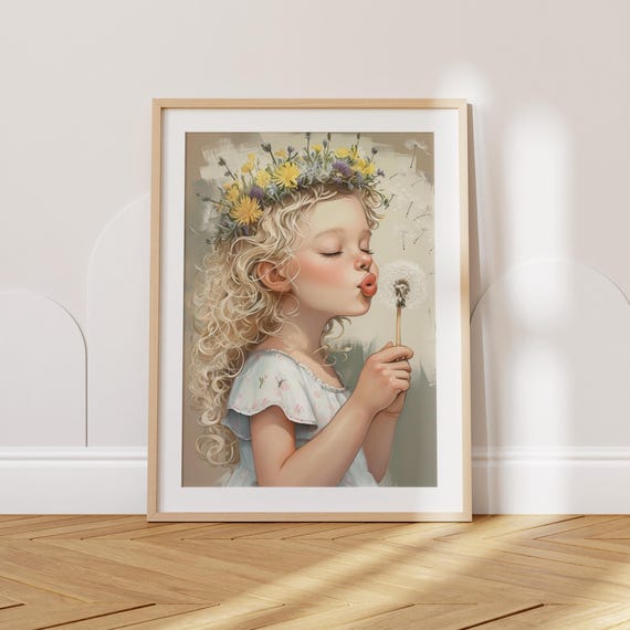 Whimsical Girl Flower Crown Dandelion Wishes Nursery Art Print Poster Kids Room Wall Decor Instant