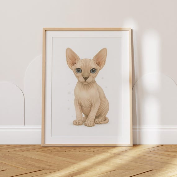 Cat Nursery Print Sphynx Kitten Beige Hairless Wall Art Baby Animal Decor Cute Toddler Poster Kids Room