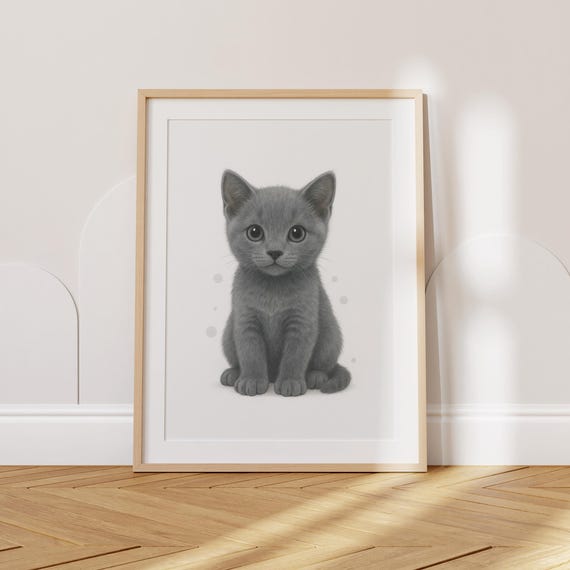 Cat Nursery Print Russian Blue Kitten Grey Wall Art Baby Animal Decor Cute Toddler Poster Kids Room