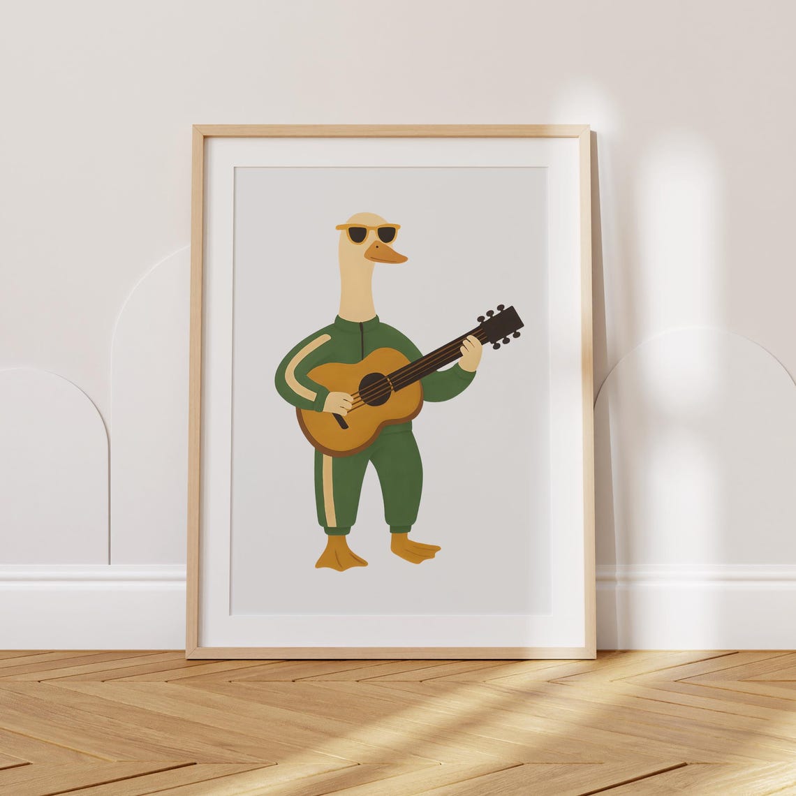 Retro Goose Playing Guitar With Sunglasses In Green Tracksuit Poster