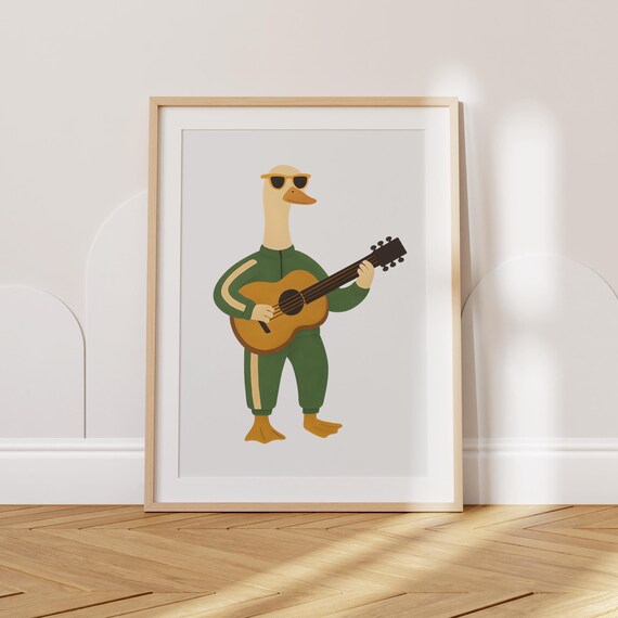 Retro Goose Playing Guitar With Sunglasses In Green Tracksuit Poster