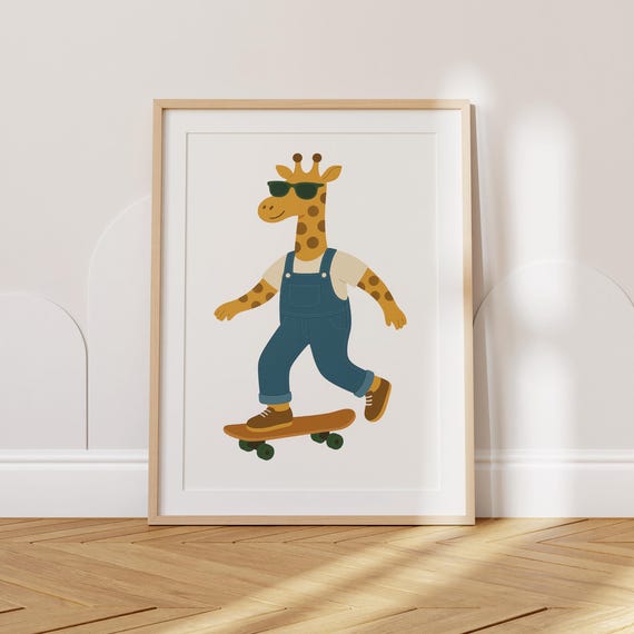 Cool Giraffe On Skateboard Wall Art Nursery Posters Cute Animal Print For Kids Room Toddler Bedroom Poster Whimsical Playroom Decor