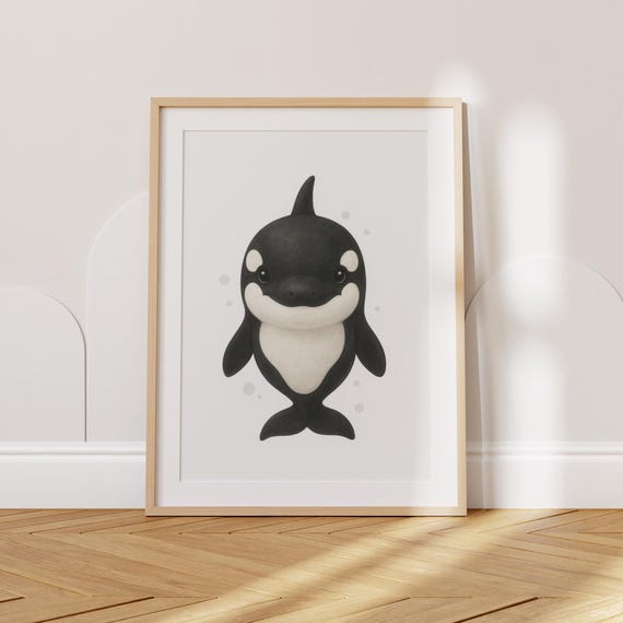 Baby Orca Nursery Wall Art Cute Killer Whale Instant Ocean Animal Decor Poster Kids Room Shower Gift