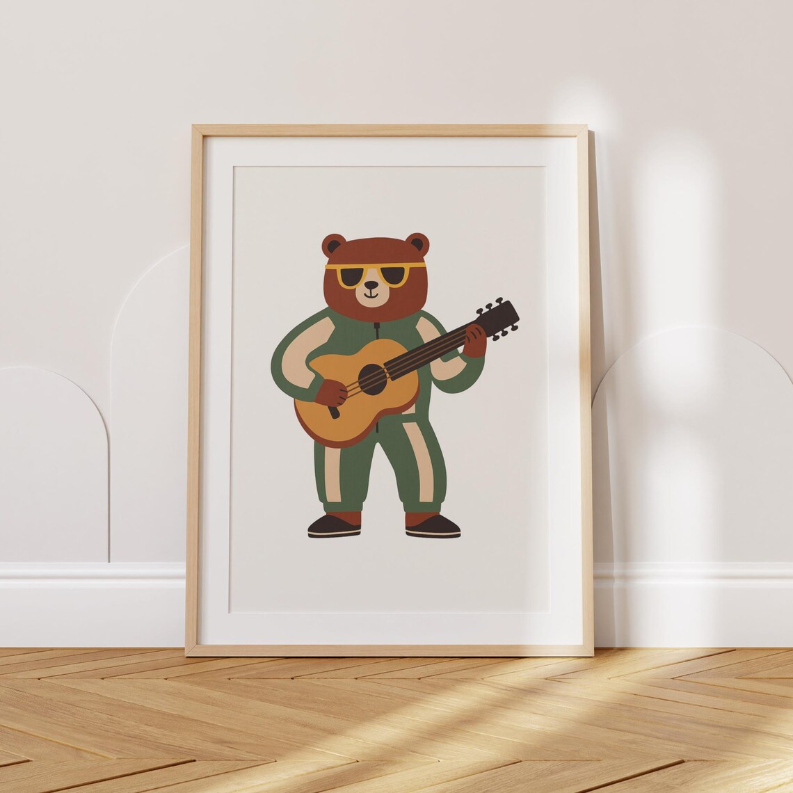 Retro Guitar Playing Bear In Tracksuit Cool Musical Nursery Wall Poster