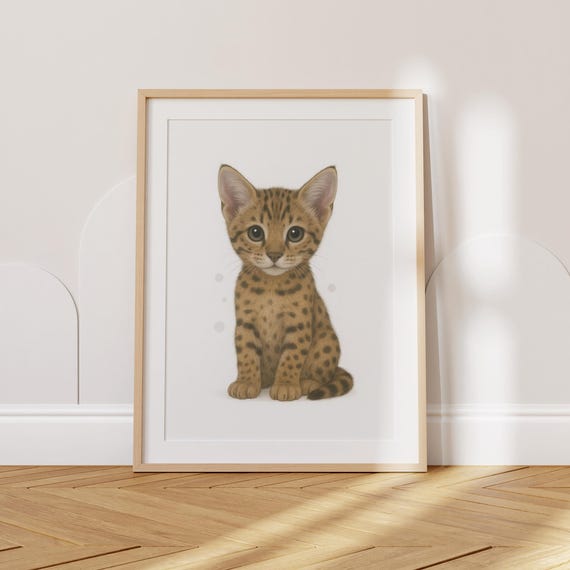 Cat Nursery Print Savannah Kitten Spotted Wall Art Baby Animal Decor Cute Toddler Poster Kids Room