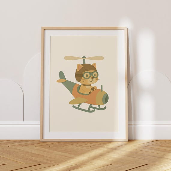 Cat Nursery Wall Art Kids Room Decor Helicopter Animal Print Baby Pilot Poster Childrens Bedroom