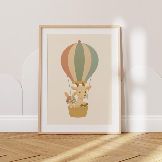 Hot Air Balloon Ride With Baby Goat And Bunny Aviator Nursery Poster