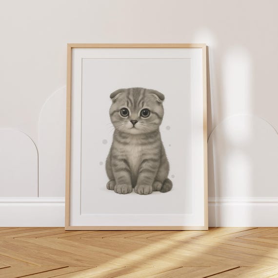 Cat Nursery Print Scottish Fold Kitten Spotted Wall Art Baby Animal Decor Cute Toddler Poster Kids Room