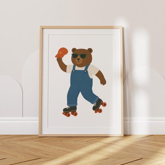 Roller Skating Bear Nursery Wall Art Whimsical Animal Print For Kids Room Playful Childrens Decor