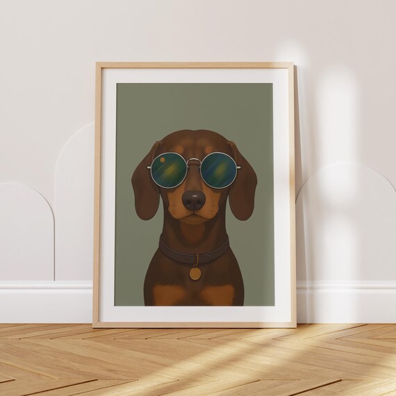 Cool Dachshund With Sunglasses Minimalist Dog Portrait Nursery Art Poster