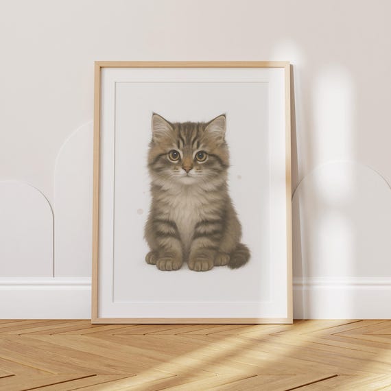 Cat Nursery Print Siberian Kitten Fluffy Tabby Wall Art Playful Baby Animal Decor Cute Toddler Poster Kids Room