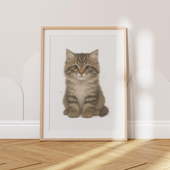 Siberian Fluffy Tabby Kitten Watercolor Portrait Nursery Poster