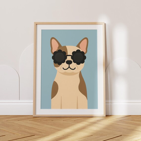 French Bulldog Nursery Poster In Flower Sunglasses On Blue For Kids Room