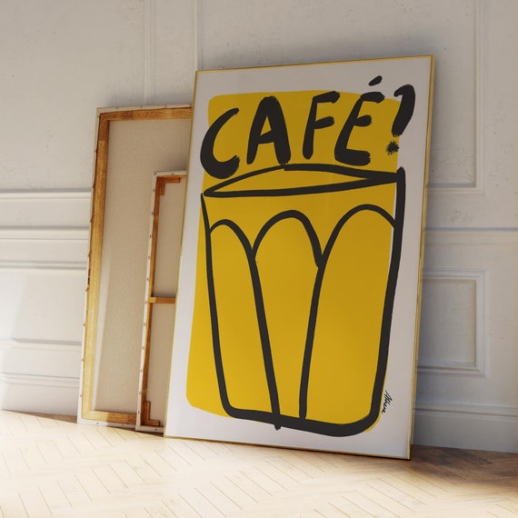 Yellow Coffee Poster Wall Art Contemporary Mid Century Bar Bold First Apartment Gift Roommate