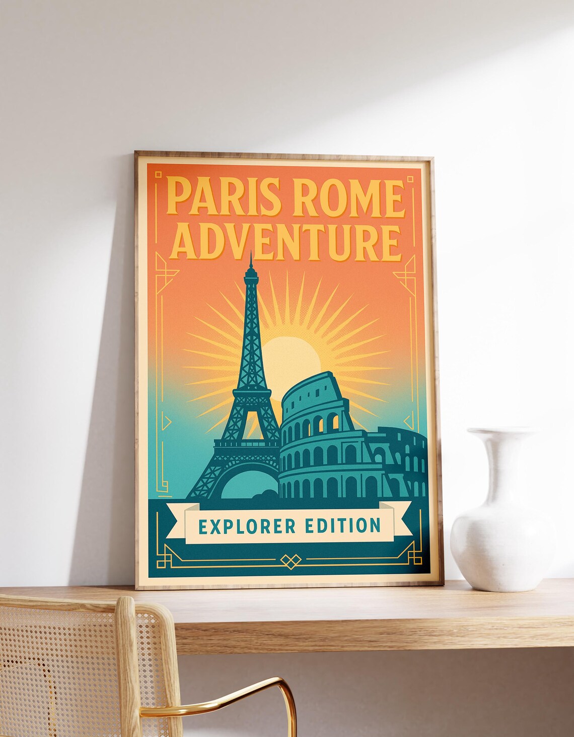 Paris Rome Vintage Travel Poster, Europe Adventure