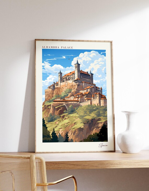 Alhambra Palace Spain Hilltop Castle Travel Poster Illustration