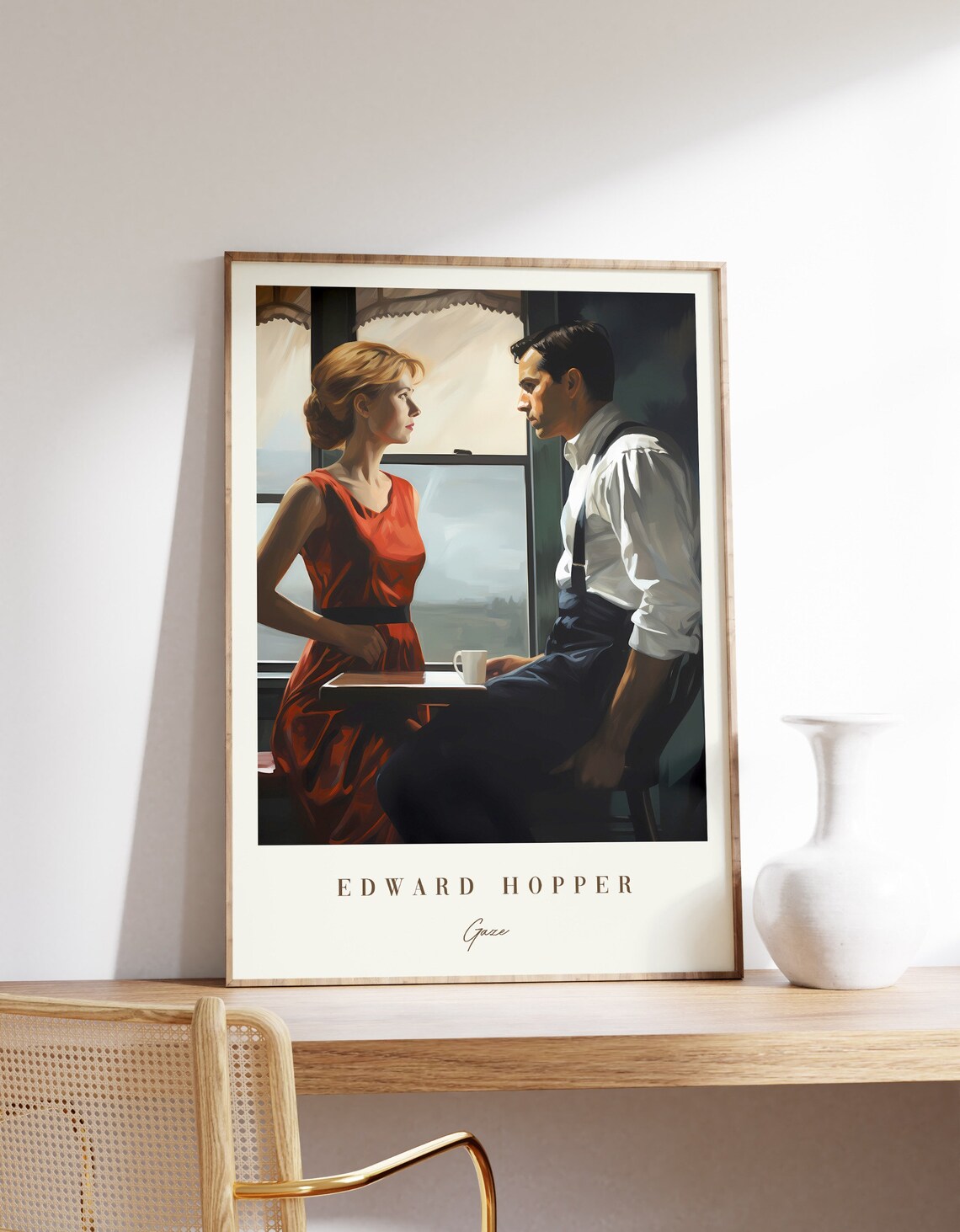 Edward Hopper Gaze Woman Red Dress Man Train Window Art Poster