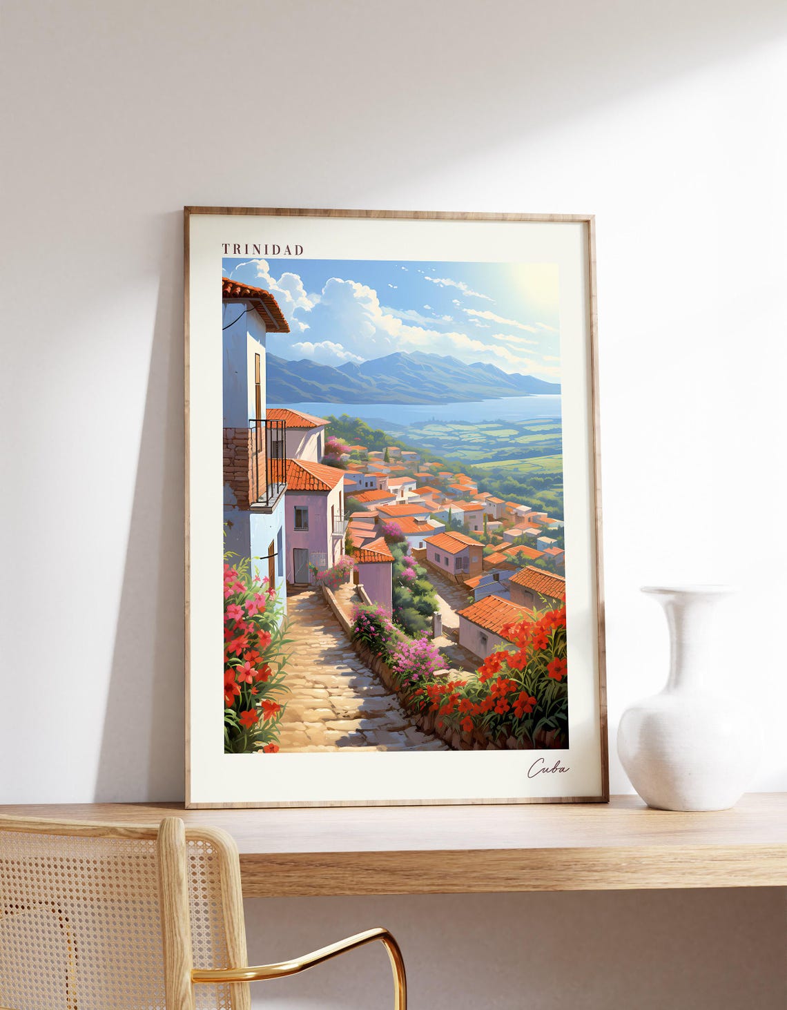 Trinidad Cuba Cobblestone Street Red Tile Roofs Mountain Poster