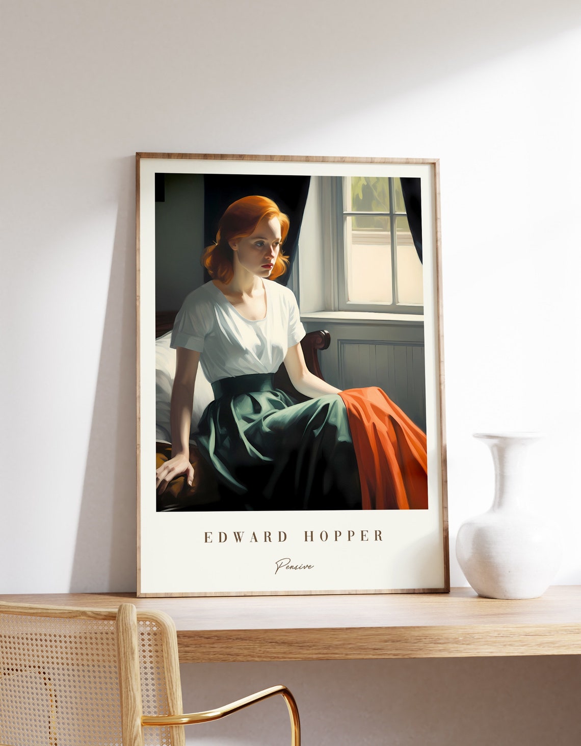 Edward Hopper Inspired Pensive Redhead Woman Window Light Poster