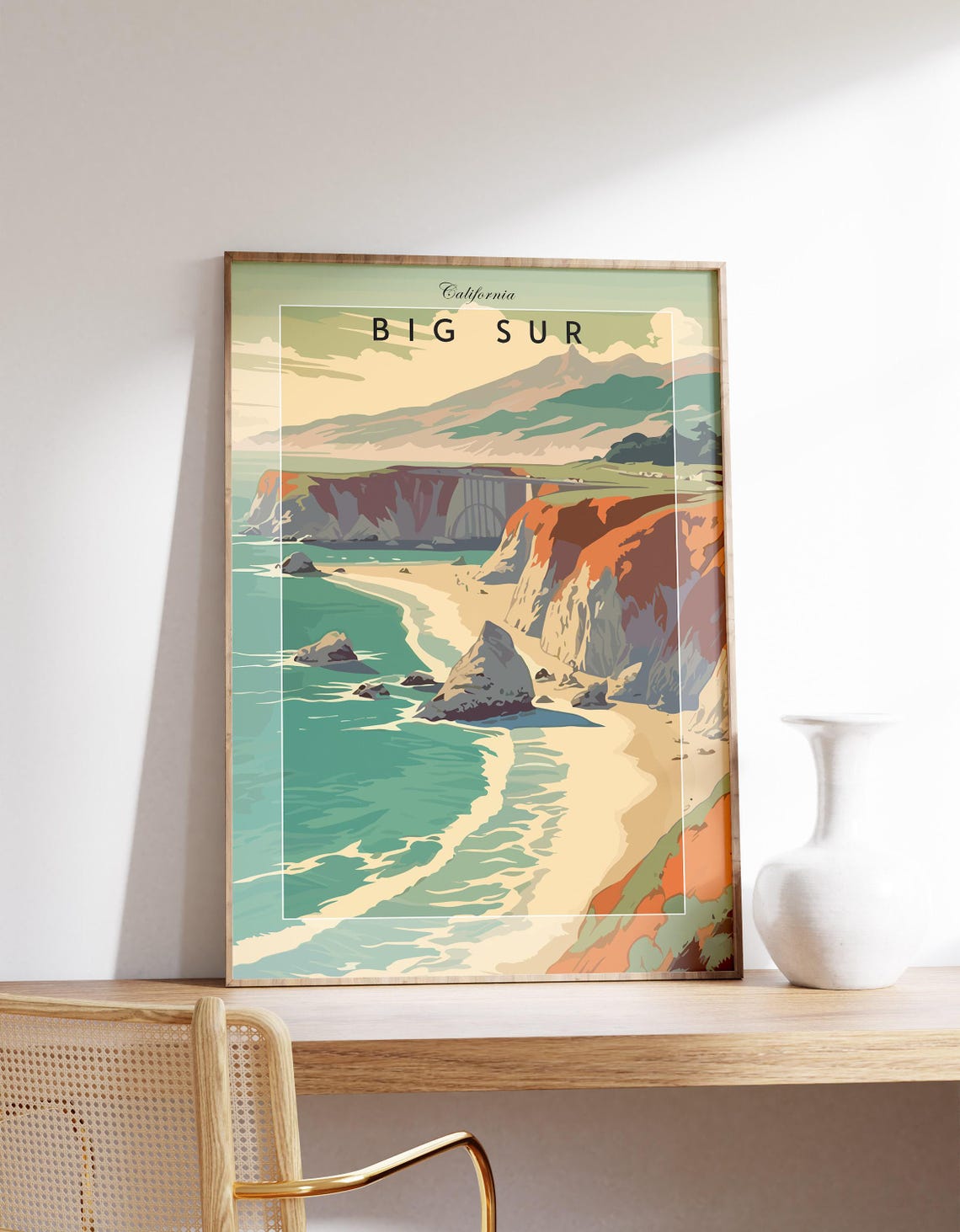 Big Sur California Vintage Travel Poster Rugged Cliffs Bridge Art