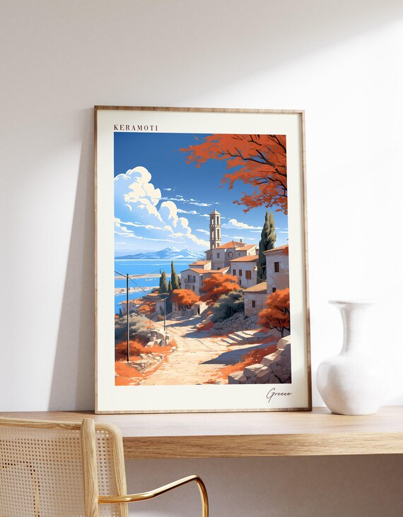 Keramoti Greece Coastal Village Autumn Bay Travel Art Poster