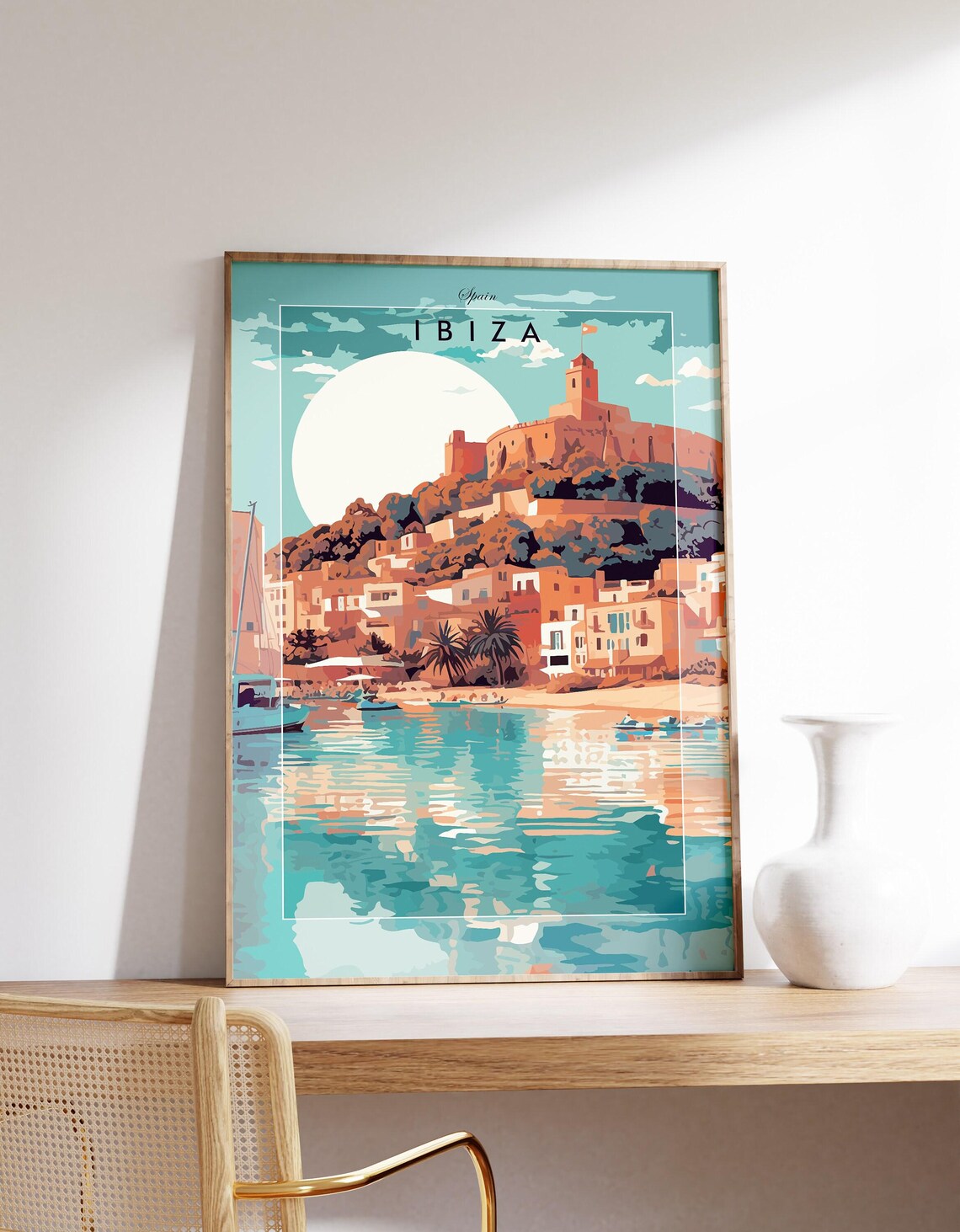Ibiza Spain Dalt Vila Fortress Over Turquoise Water Travel Poster