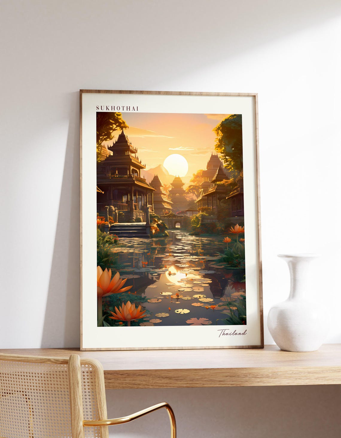 Sukhothai Thailand Temple Sunset Lotus Pond Travel Poster Art