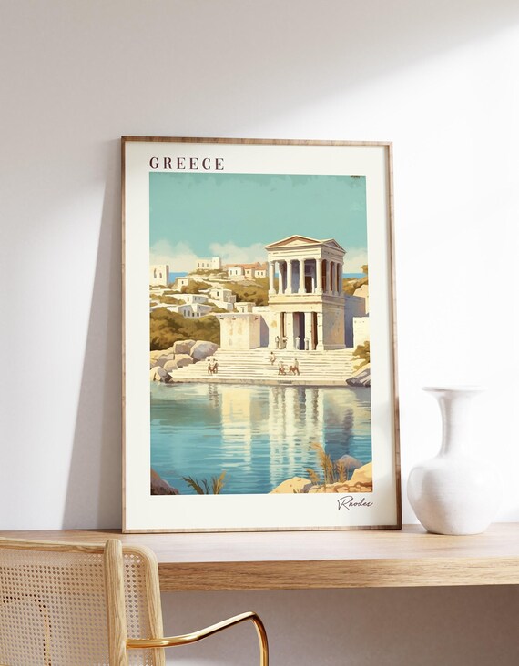 Rhodes Greece Ancient Temple Reflection Vintage Travel Art Poster