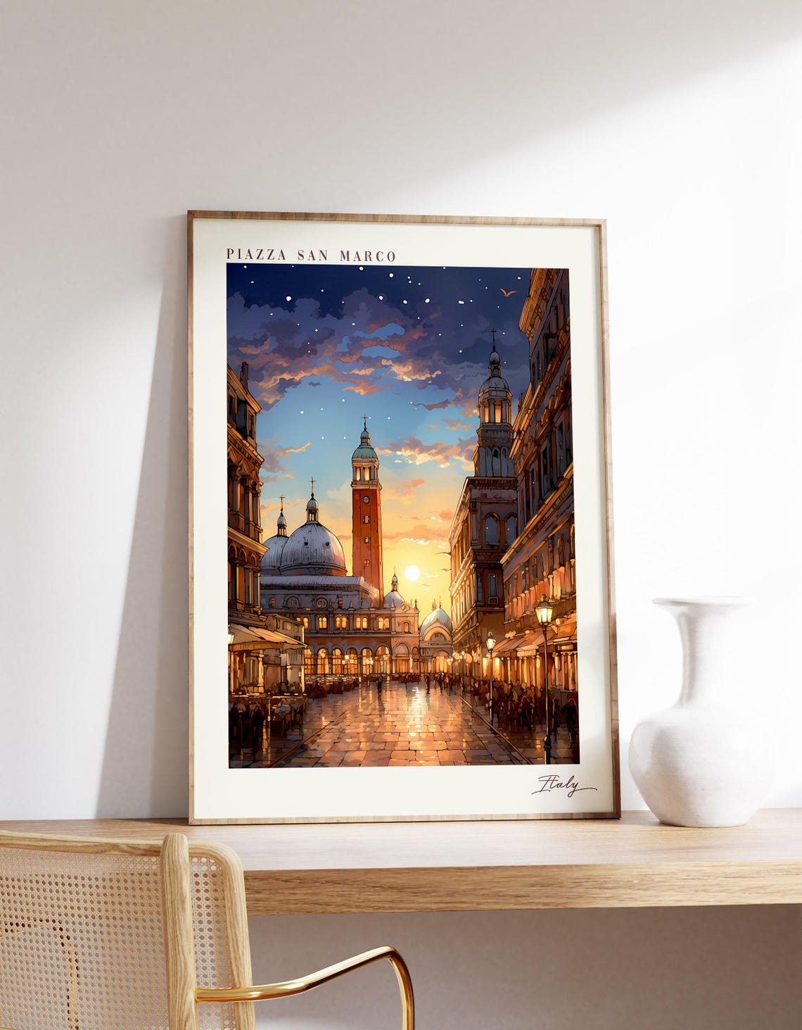 Venice Piazza San Marco Sunset Campanile Vintage Travel Poster