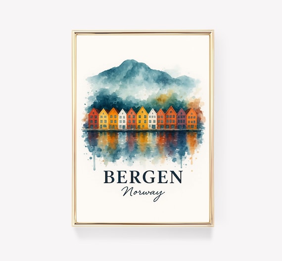 Bergen Norway Watercolor Travel Poster Bryggen Wharf Mountains