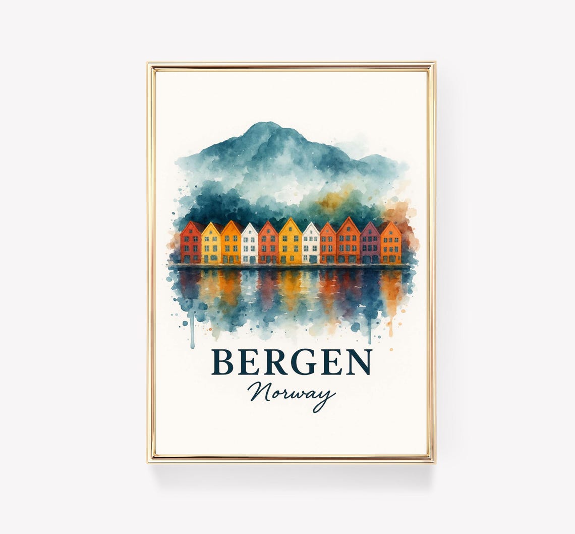 Bergen Norway Watercolor Travel Poster Bryggen Wharf Mountains