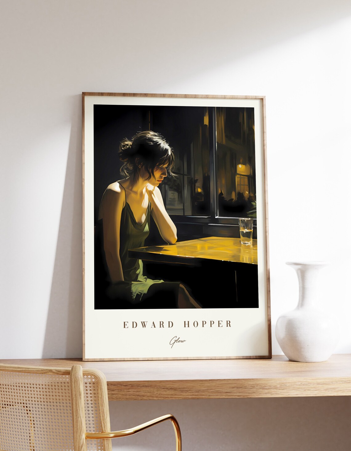 Edward Hopper Inspired Glow Lonely Woman Dark Bar Night Poster