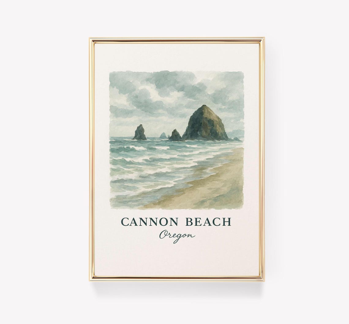 Cannon Beach Oregon Haystack Rock Watercolor Coast Art Poster
