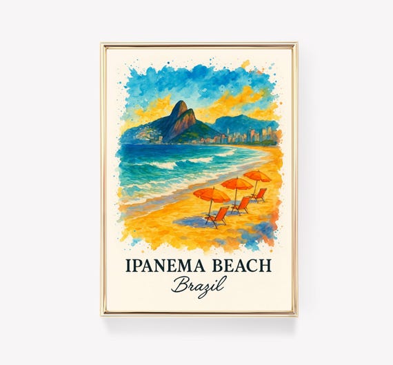 Ipanema Beach Vintage Travel Poster Brazil Wall Art Rio De Janeiro Print Retro Decor Brazilian Gift