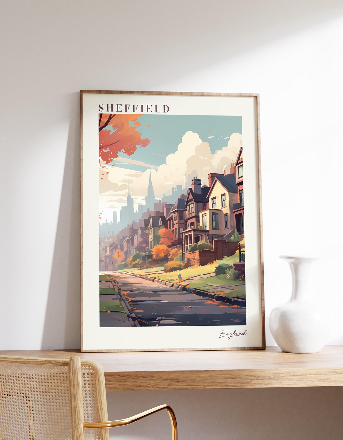 Sheffield England Autumn Street Vintage Retro Travel Art Poster