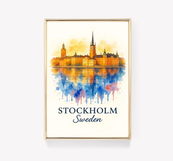 Stockholm Sweden Watercolor Skyline Golden Reflection Travel Poster