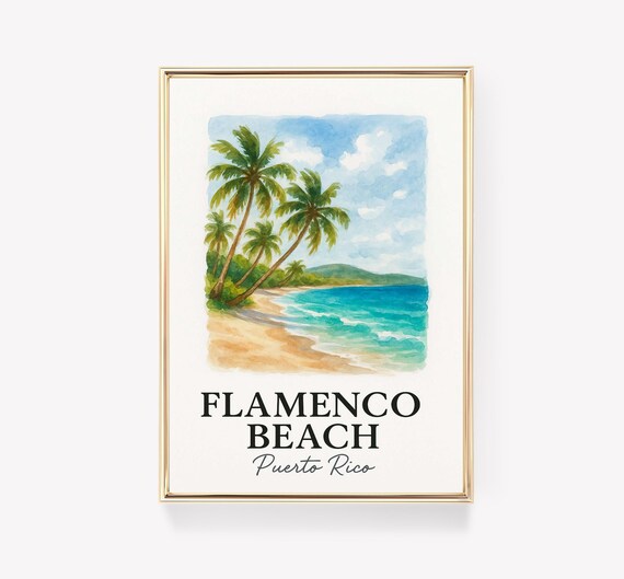 Flamenco Beach Vintage Travel Poster Puerto Rico Wall Art Retro Print Decor Gift