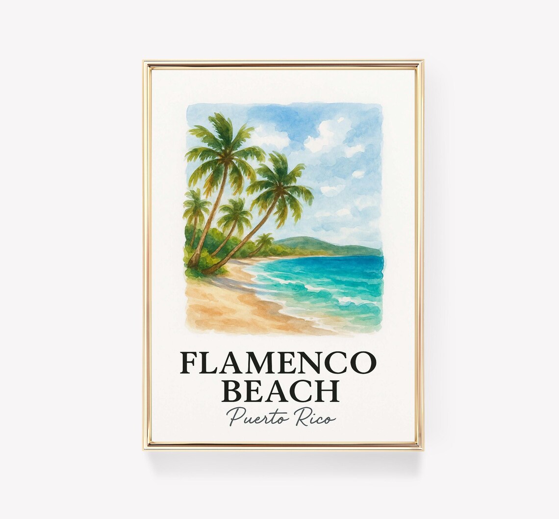 Flamenco Beach Puerto Rico Watercolor Palm Trees Beach Poster
