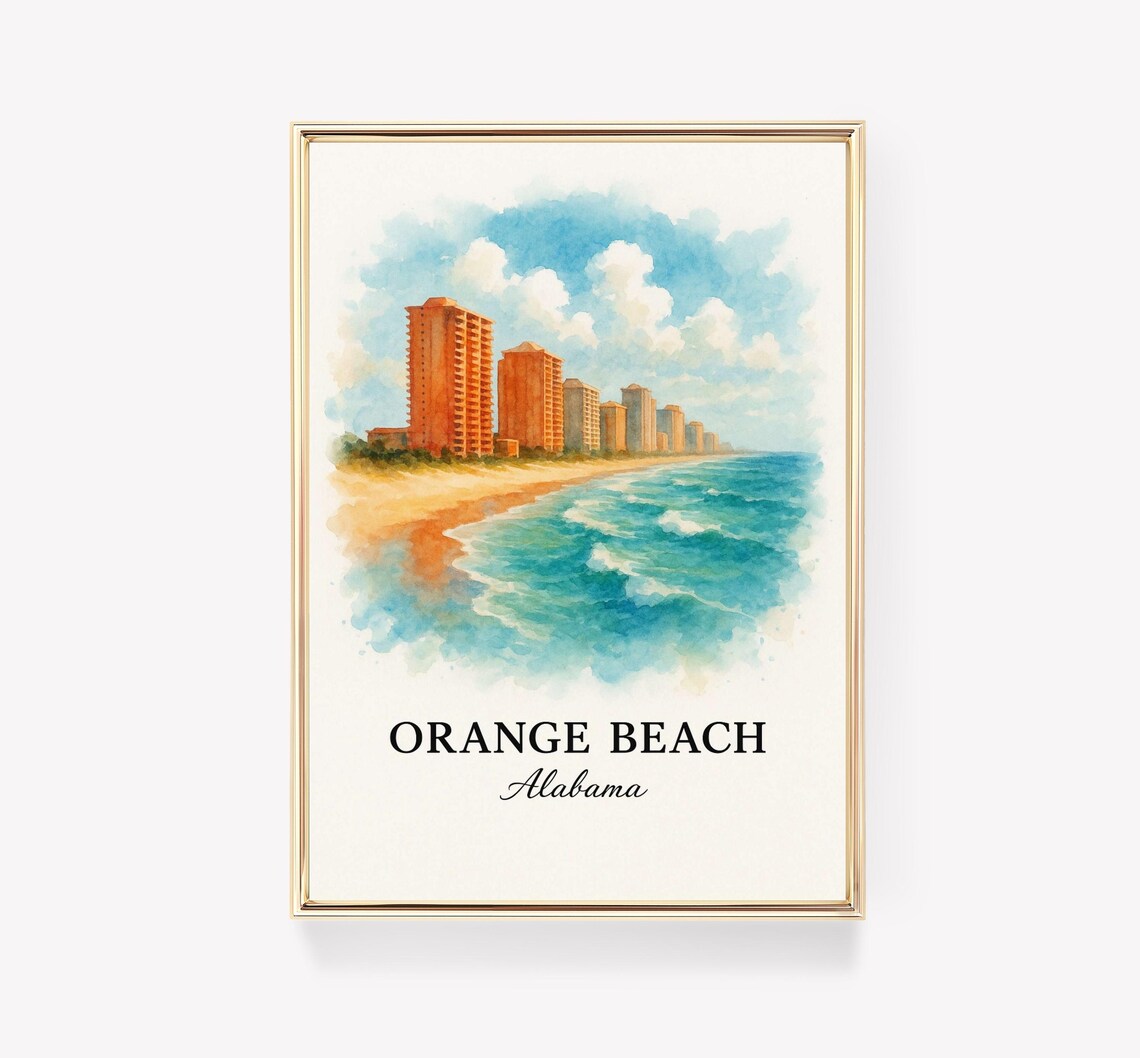 Orange Beach Alabama Gulf Coastline Watercolor Art Travel Poster