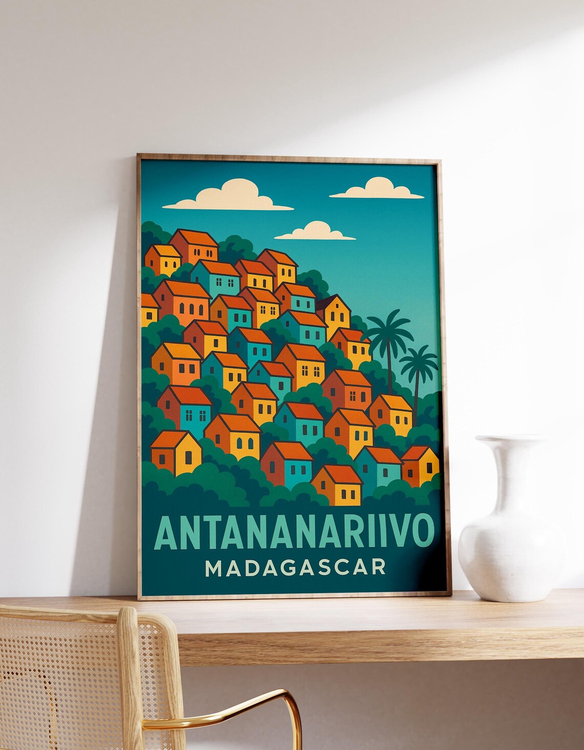 Antananarivo Madagascar Hillside Travel Poster Colorful Houses Wall Decor